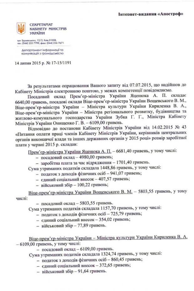 В Кабмине раскрыли зарплату Яценюка: премьер за прошлый месяц заработал 6 тысяч гривень (документ)