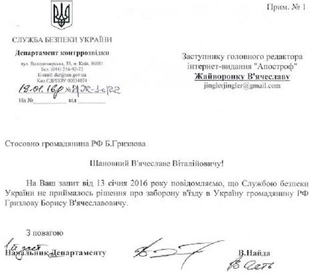 СБУ ответила по поводу визита представителя РФ в контактной группе Грызлова в Киев (документ) СБУ ответила по поводу визита представителя РФ в контактной группе Грызлова в Киев (документ)
