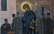 Ікона Божої Матері "Світописана": явління Богородиці в натовпі жебраків, фото афонських ченців (рос.)