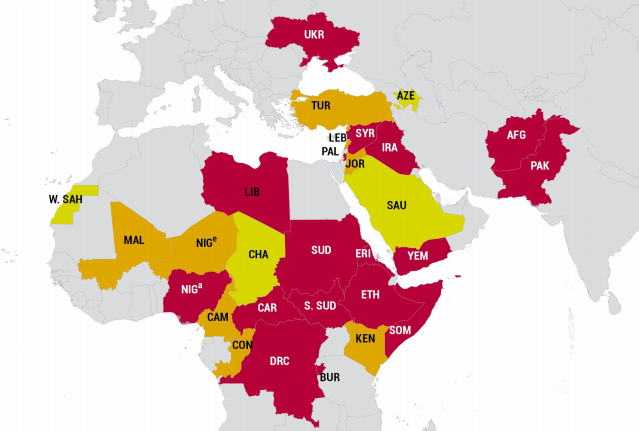 Червоним квітів виділені країни з найгіршим рівнем доступу до гуманітарної допомоги / ACAPS