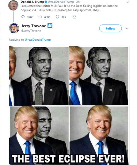 Трамп опубликовал в Twitter коллаж, на котором он 'затмевает' Обаму Трамп опубликовал в Twitter коллаж, на котором он 'затмевает' Обаму