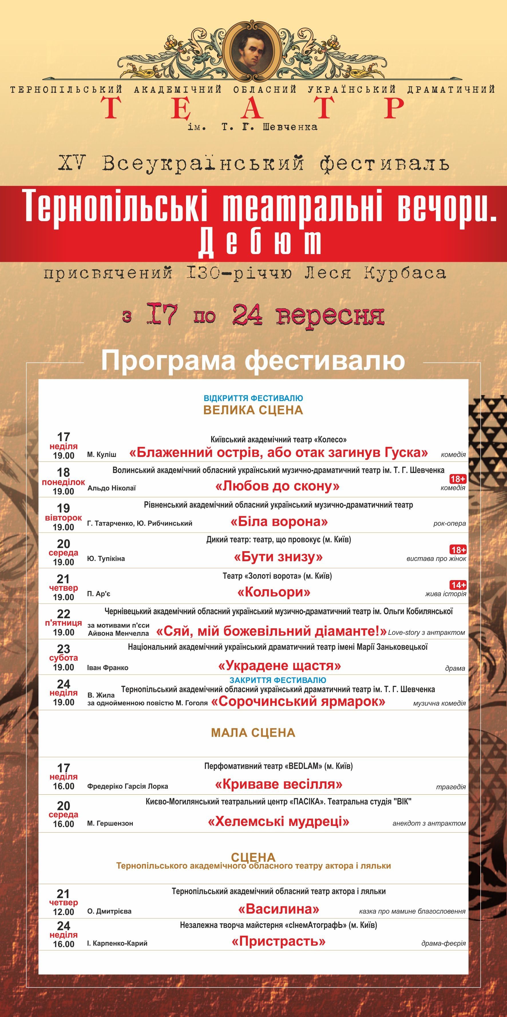 У Тернополі 17-24 вересня відбудеться 15-й Всеукраїнський фестиваль 'Тернопільські театральні вечори. Дебют' У Тернополі 17-24 вересня відбудеться 15-й Всеукраїнський фестиваль 'Тернопільські театральні вечори. Дебют'