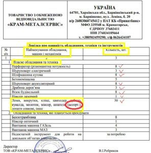 Довідка про наявність обладнання Довідка про наявність обладнання