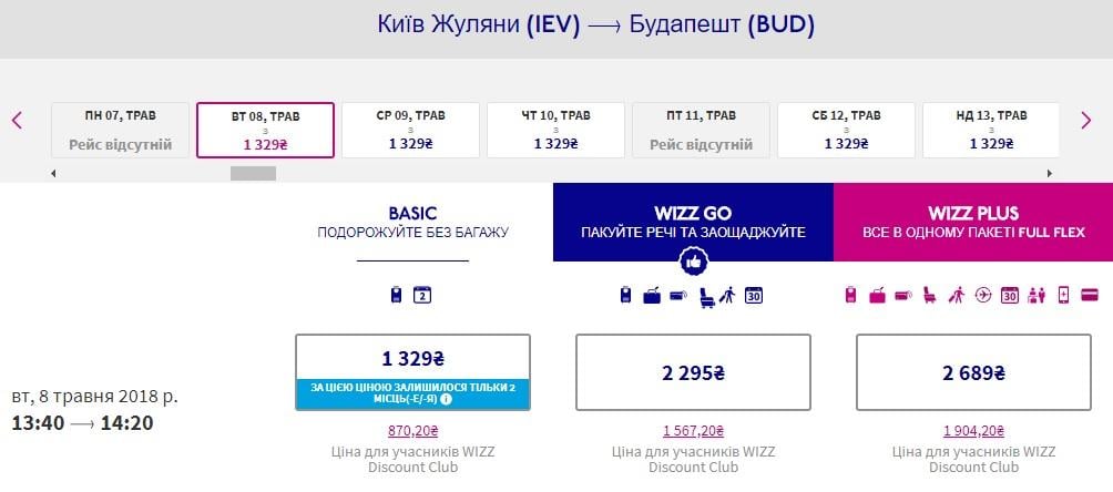 Билеты на самолет из Киева до Будапешта / Скриншот