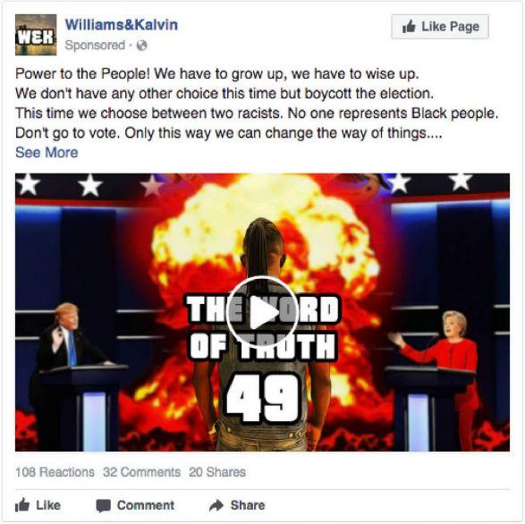 Один з проплачених постів, що закликає темношкірих бойкотувати вибори / фото democrats-intelligence.house.gov Один з проплачених постів, що закликає темношкірих бойкотувати вибори / фото democrats-intelligence.house.gov