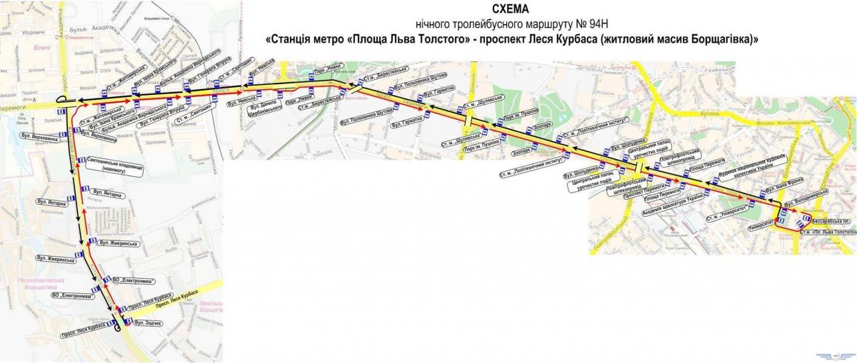 Схема троллейбусного маршрута №94Н / kpt.kiev.ua Схема троллейбусного маршрута №94Н / kpt.kiev.ua