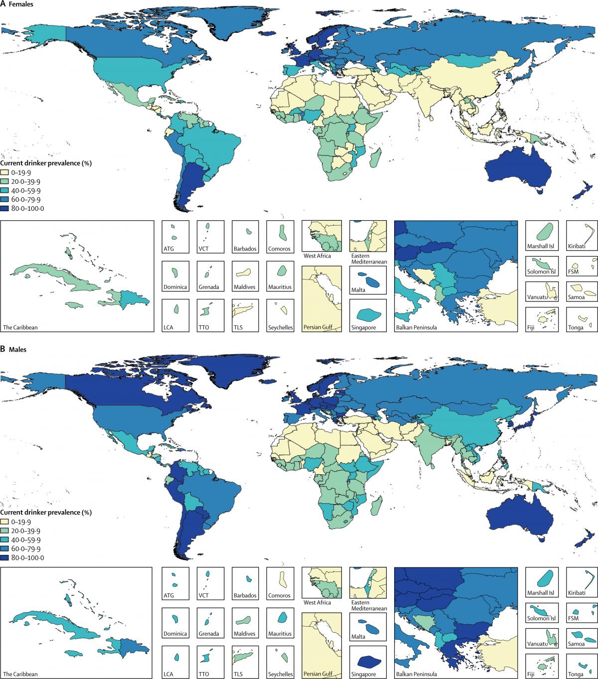 Общее употребления алкоголя в странах мира в процентах (для женщин (A) и мужчин (B)) / thelancet.com