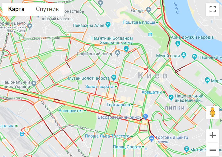 Затори у центрі Києва / Google Maps