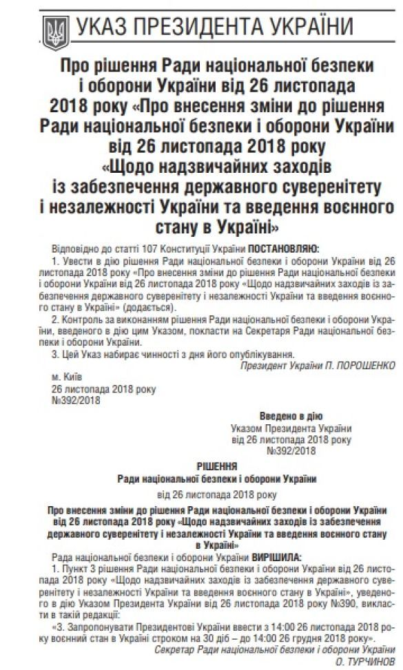 'Урядовий кур'єр' опублікував указ про воєнний стан