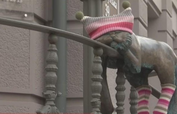 Скульптуры кошек в Одессе после первого снега одели в шапки, шарфы и носки (видео)