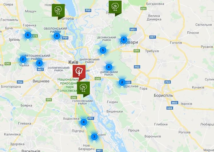 Карта місць, де в Києві можна легально смажити шашлик / Скріншот Карта місць, де в Києві можна легально смажити шашлик / Скріншот