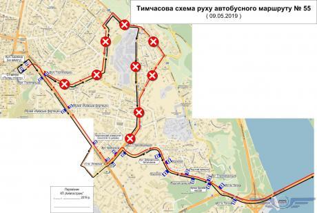 Схема рузу автобусів №55 на 9 травня Схема рузу автобусів №55 на 9 травня