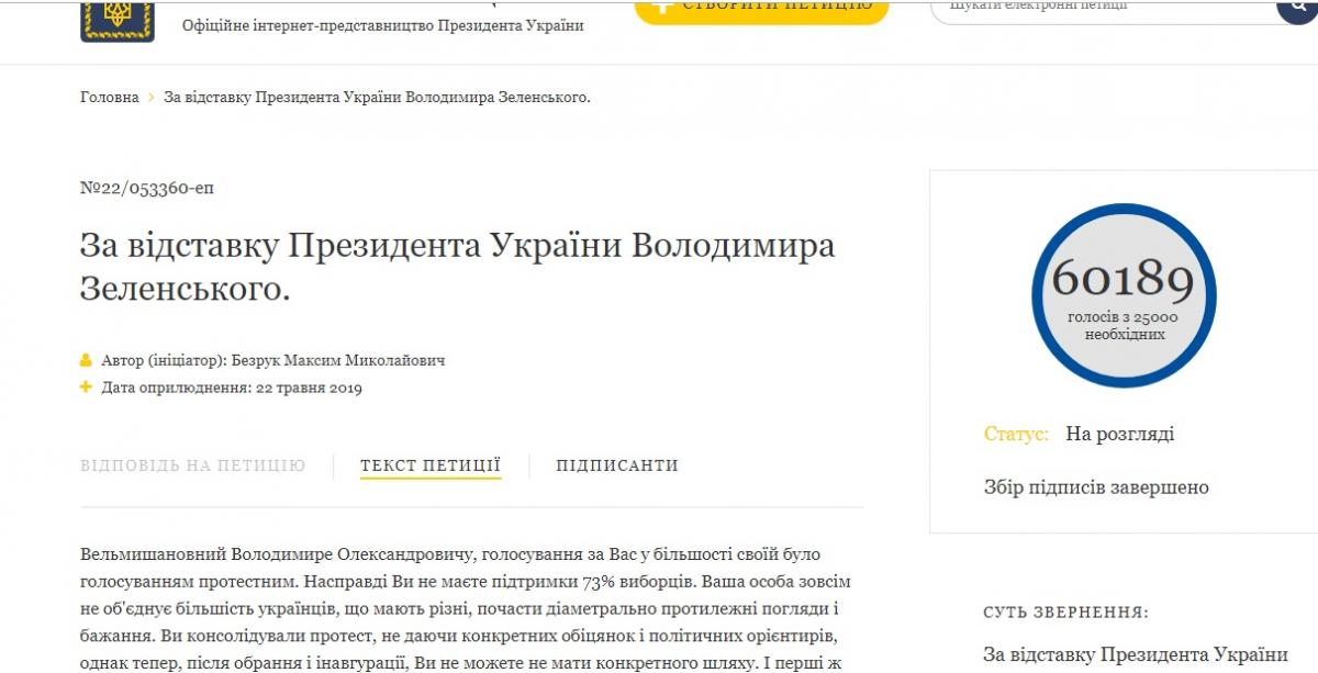 Скріншот петиції про відставку Зеленського Скріншот петиції про відставку Зеленського