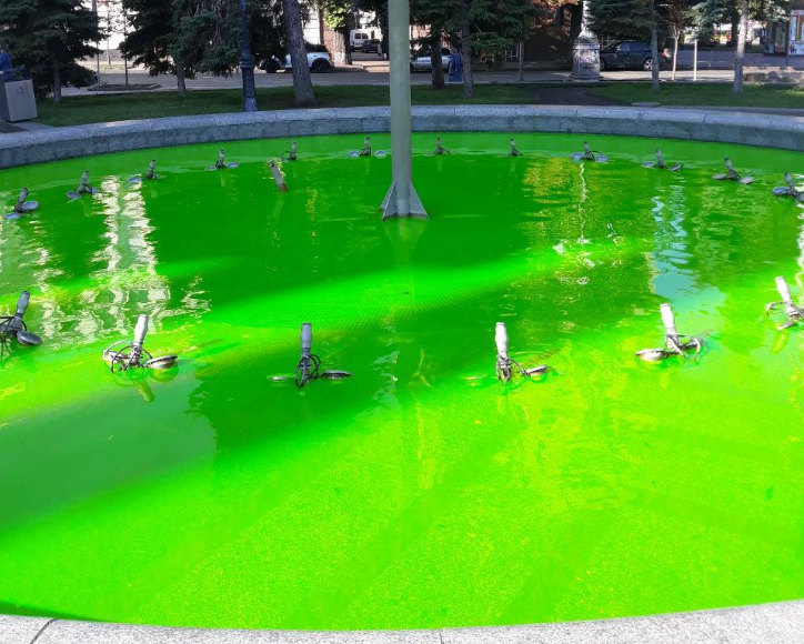 Фонтан на Майдані пофарбували в зелений / Facebook, СВКП "Київводфонд"