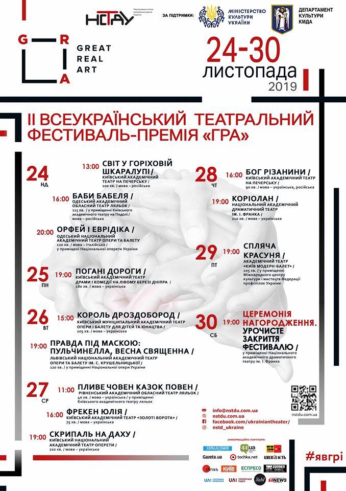 24-30 листопада в столиці відбудеться фінал Другого всеукраїнського театрального фестивалю-премії ГРА 24-30 листопада в столиці відбудеться фінал Другого всеукраїнського театрального фестивалю-премії ГРА