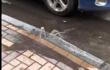 В центрі Києва виявили тротуар, з-під якого "фонтанує" вода: залило всю вулицю (відео)