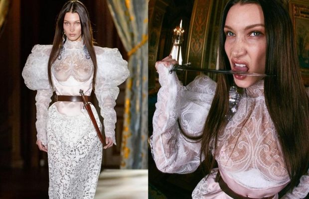 Хадід у мереживній сукні позувала з кинджалом у роті, засвітивши соски (фото)