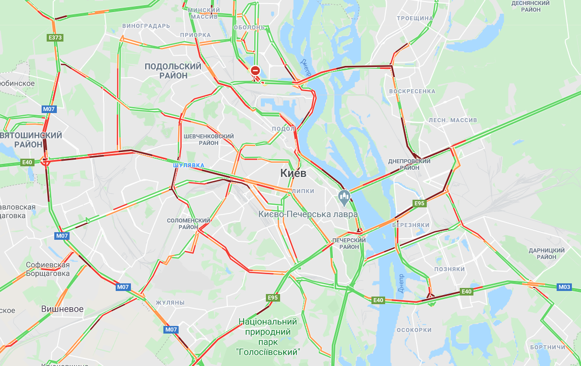 Сложная ситуация на мостах через Днепр / Google Maps Сложная ситуация на мостах через Днепр / Google Maps