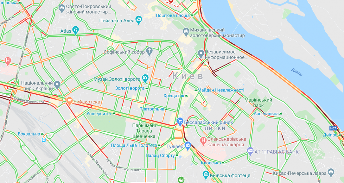 У Києві - пробки / Google Maps У Києві - пробки / Google Maps