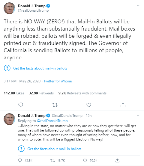 Twitter позначив як недостовірний пост Трампа, у відповідь він звинуватив соцмережу в 'придушенні свободи слова' Twitter позначив як недостовірний пост Трампа, у відповідь він звинуватив соцмережу в 'придушенні свободи слова'