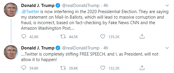 Twitter позначив як недостовірний пост Трампа, у відповідь він звинуватив соцмережу в 'придушенні свободи слова' Twitter позначив як недостовірний пост Трампа, у відповідь він звинуватив соцмережу в 'придушенні свободи слова'