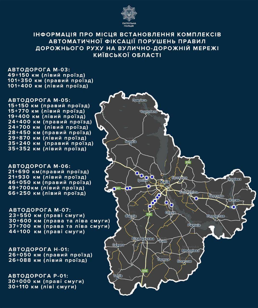 Карта видеокамер фиксации нарушения ПДД в Киевской области / фото патрульная полиция