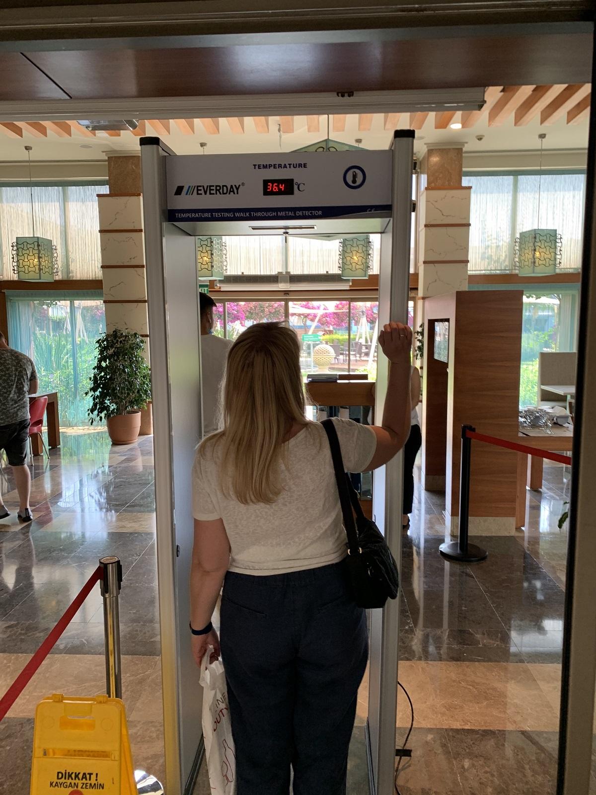 One cannot have breakfast before measuring body temperature. Security measures at the entrance to the restaurant at Hilton Dalaman Sarıgerme Resort & Spa