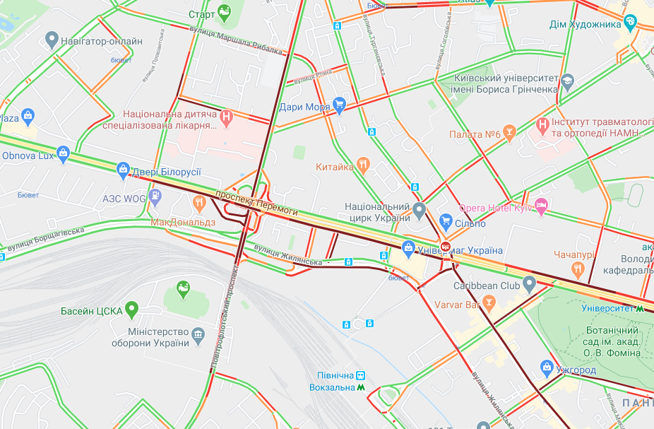 В центре Киева образовались пробки / Google Maps