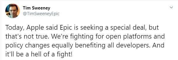 Глава Epic Games утверждает, что ведет борьбу за открытые платформы / twitter.com/TimSweeneyEpic Глава Epic Games утверждает, что ведет борьбу за открытые платформы / twitter.com/TimSweeneyEpic