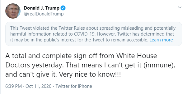 Трамп похвалився імунітетом до коронавірусу, але Twitter це не оцінив Трамп похвалився імунітетом до коронавірусу, але Twitter це не оцінив