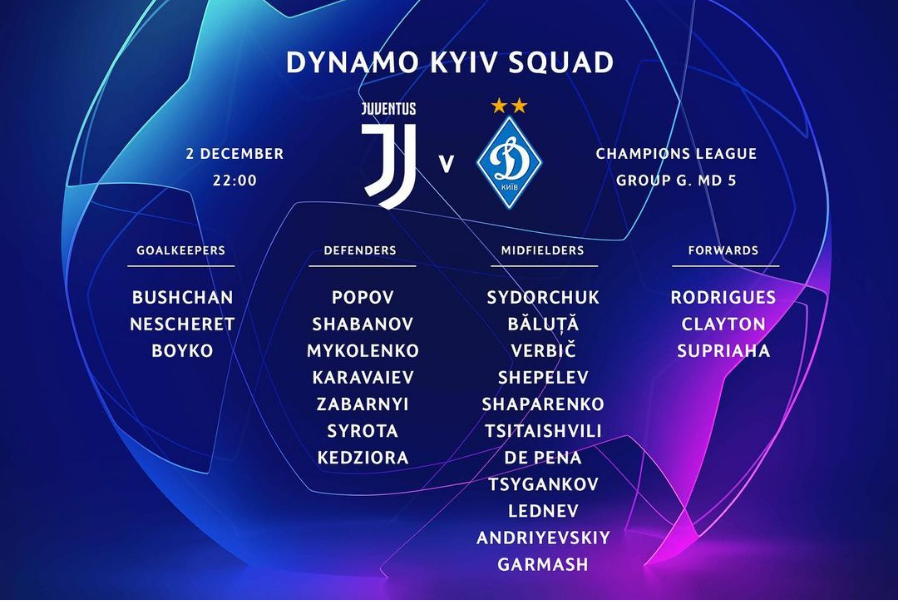 Заявка "Динамо" на матч проти "Ювентуса" / фото instagram fc_dynamo_kyiv Заявка "Динамо" на матч проти "Ювентуса" / фото instagram fc_dynamo_kyiv
