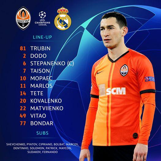 Стартовий склад "Шахтаря" на матч проти "Реала" / фото twitter.com/fcshakhtar Стартовий склад "Шахтаря" на матч проти "Реала" / фото twitter.com/fcshakhtar