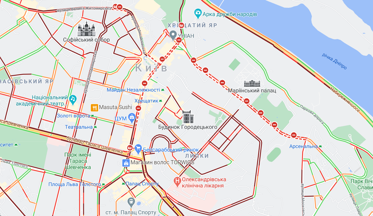 Перекритий центр Києва / Google Maps