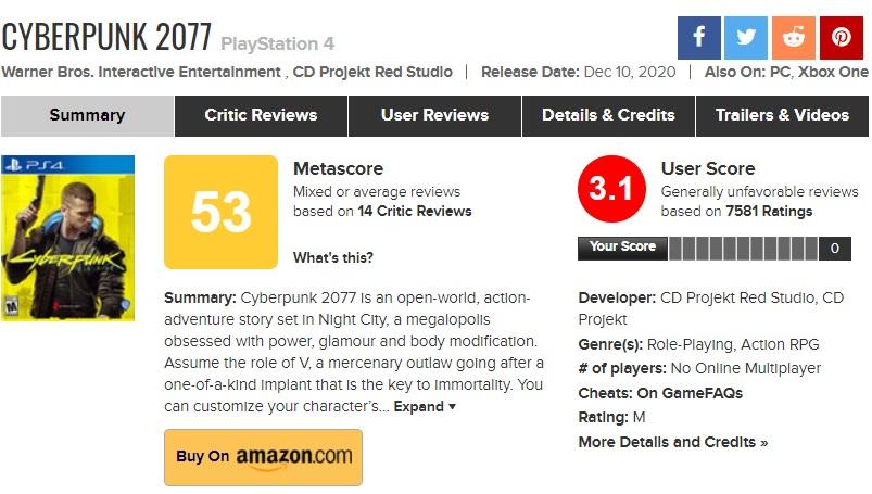 Оцінки версії гри для PS4 на Metacritic / скріншот Оцінки версії гри для PS4 на Metacritic / скріншот