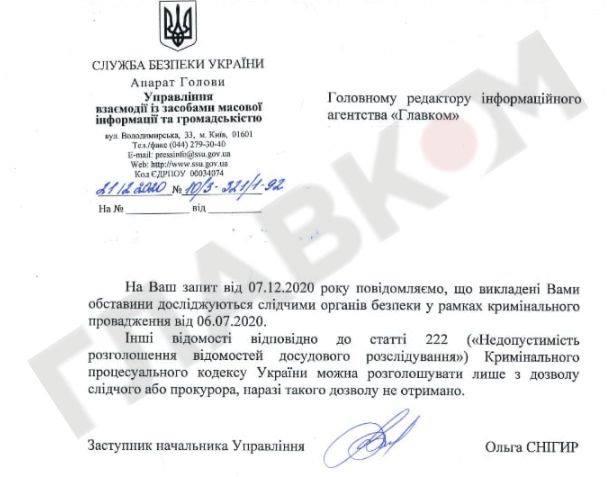 Відповідь СБУ на запит інформаційного агентства " Главком" Відповідь СБУ на запит інформаційного агентства " Главком"