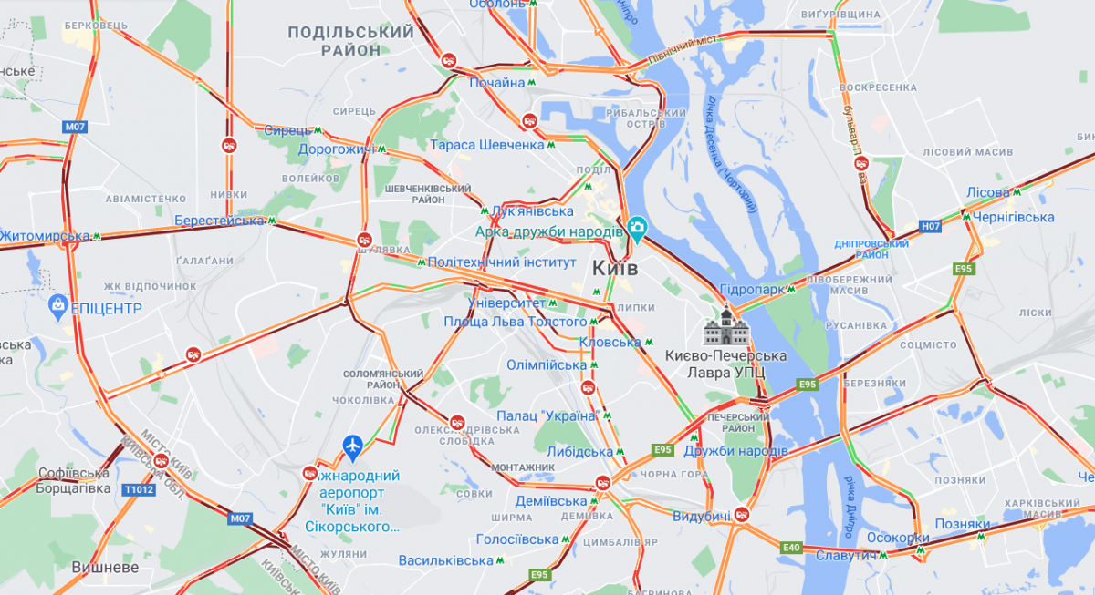 Затори в Києві вранці 10 лютого / Google Maps Затори в Києві вранці 10 лютого / Google Maps