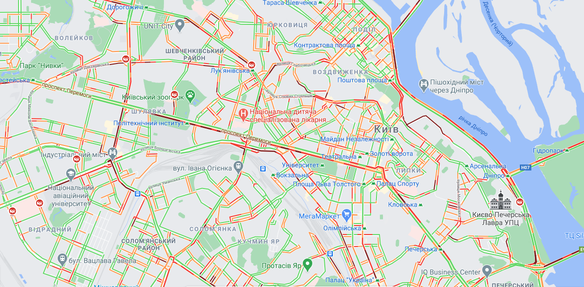 Ситуація на дорогах Києва 25 лютого / google.com/maps Ситуація на дорогах Києва 25 лютого / google.com/maps