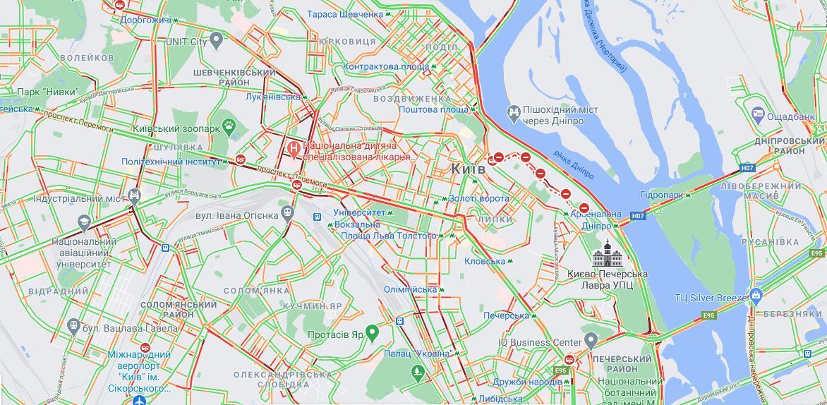 Ситуация на дорогах Киева 26 февраля / google.com/maps