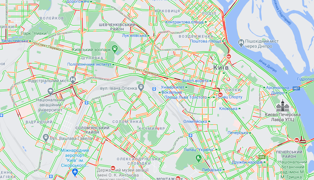 Ситуация на дорогах Киева 29 марта / google.com/maps