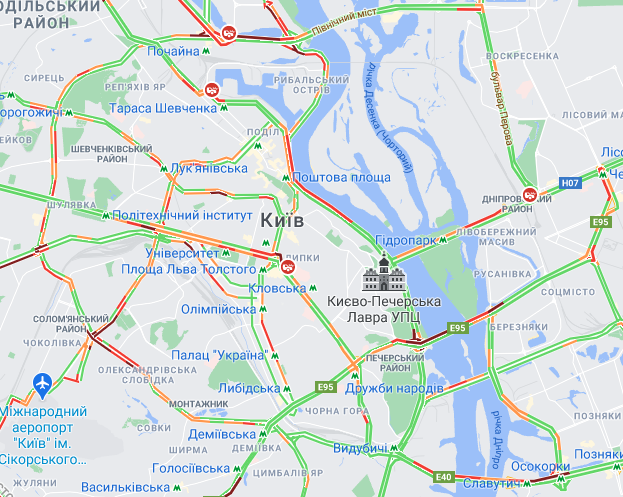 Затори на мостах Києва / google.com/maps Затори на мостах Києва / google.com/maps