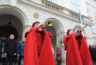 Performing a national anthem in Lviv