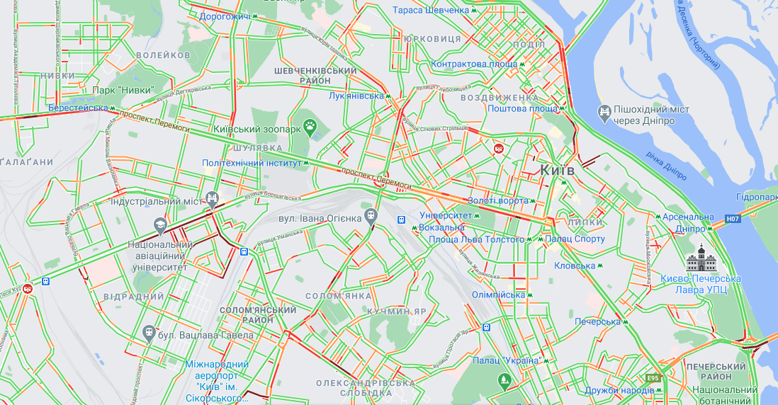 Ситуация на дорогах Киева 1 апреля / google.com/maps