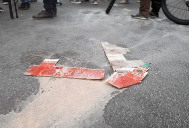 'Kremlin' dummy on fire outside Russia's Embassy in Kyiv