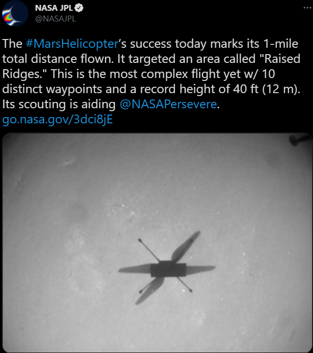 Сообщение о новом рекорде вертолета от NASA / фото - twitter.com/NASAJPL Сообщение о новом рекорде вертолета от NASA / фото - twitter.com/NASAJPL