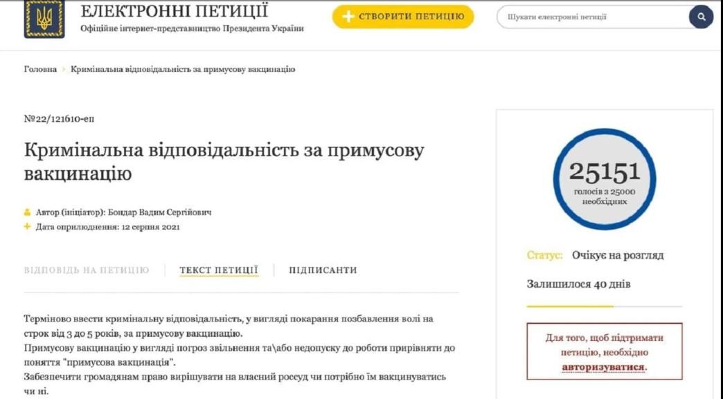 Петиція про кримінальну відповідальність за примусову вакцинацію набрала понад 25 тисяч підписів, слово за Зеленським Петиція про кримінальну відповідальність за примусову вакцинацію набрала понад 25 тисяч підписів, слово за Зеленським