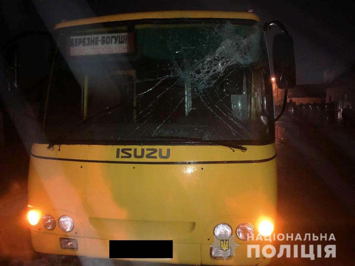 Колода пробила скло автобуса / фото НПУ Колода пробила скло автобуса / фото НПУ