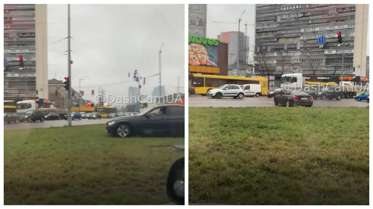 Водитель "сократил путь" на Дарницкой площади / коллаж УНИАН Водитель "сократил путь" на Дарницкой площади / коллаж УНИАН