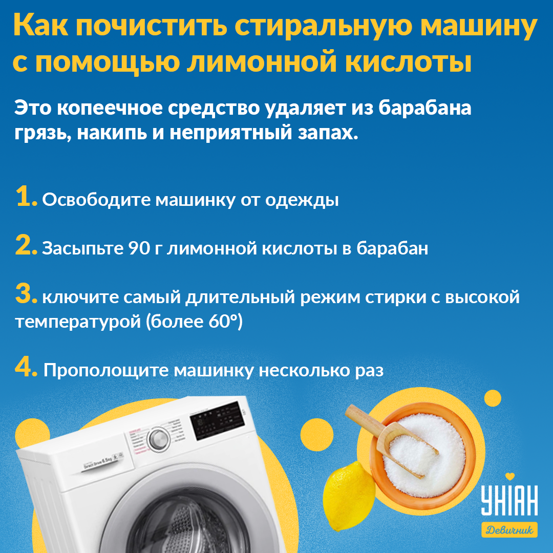 Как почистить стиральную машинку лимонной кислотой / инфографика УНИАН