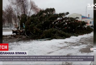 На центральной площади Лебедина новогоднее дерево не выдержало урагана