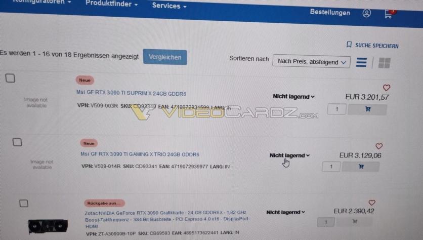 Цена GeForce RTX 3090 Ti раскрыта европейским ретейлером / фото VideoCardz